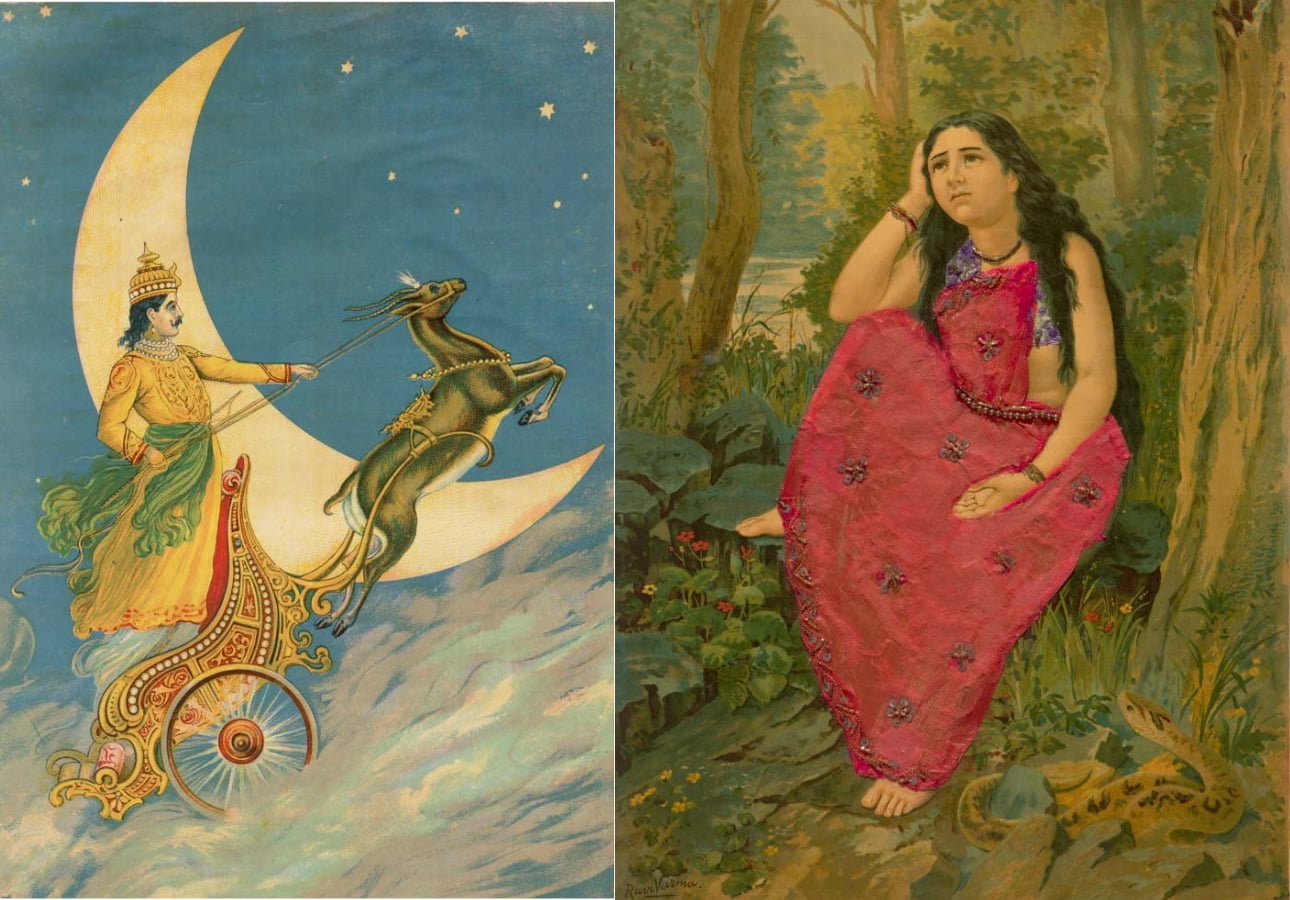 Left: Chandra early 20th century, printed 1920s. Right: Damayanti Vanvas 1895, printed 1928.